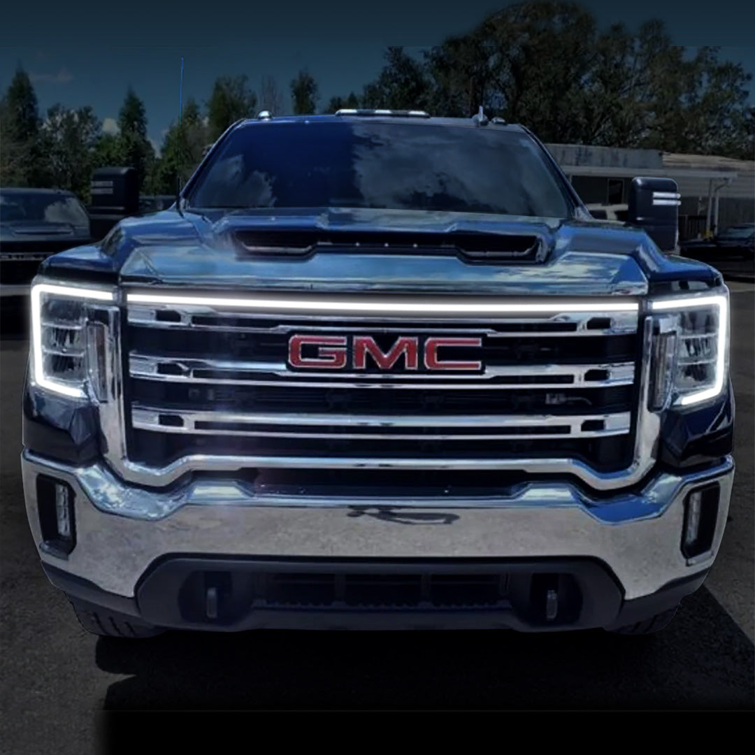 2020-2023 GMC Sierra 2500 SLE LED Grille “Power” Bar – White DRL, IP67, Bolt-On, Black or Silver