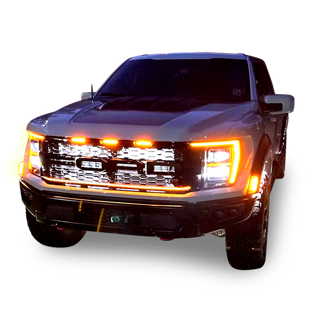 2021-2023 Ford F150 Raptor LED Grille Light Kit – Amber DRL Strip, IP67, Bolt-On, Black/Silver Bracket