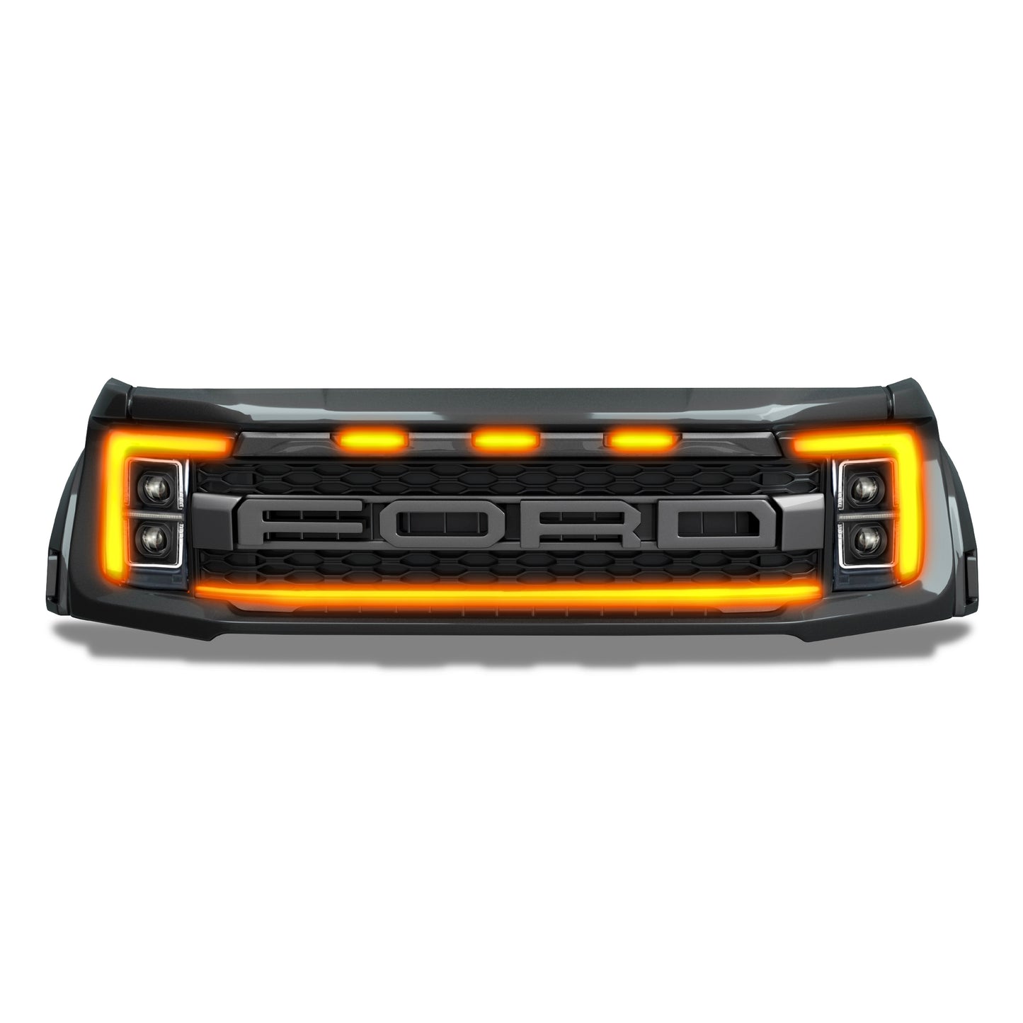 2021-2023 Ford F150 Raptor LED Grille Light Kit – Amber DRL Strip, IP67, Bolt-On, Black/Silver Bracket
