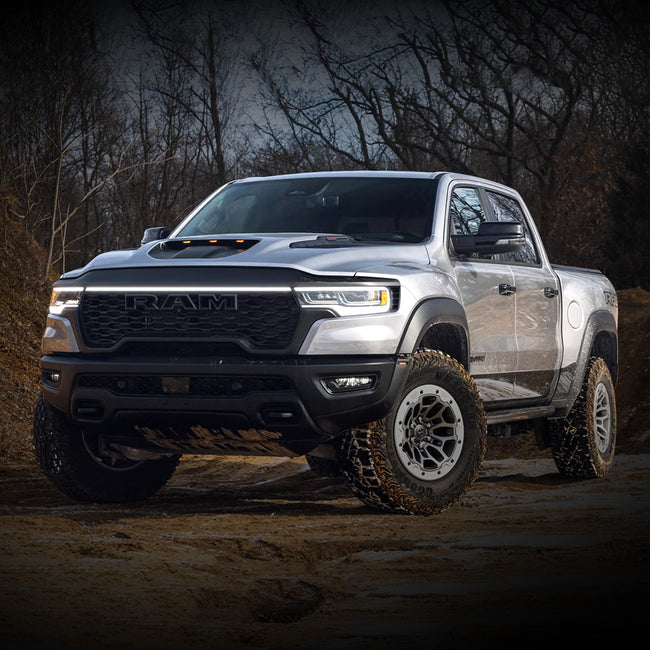 2025 Ram 1500 RHO LED “Power” Grille Bar – White DRL Strip, IP67, Bolt-On, Black or Silver Frame