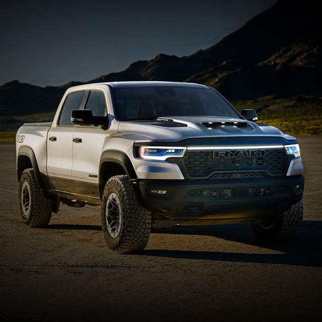 2025 Ram 1500 RHO LED “Power” Grille Bar – White DRL Strip, IP67, Bolt-On, Black or Silver Frame