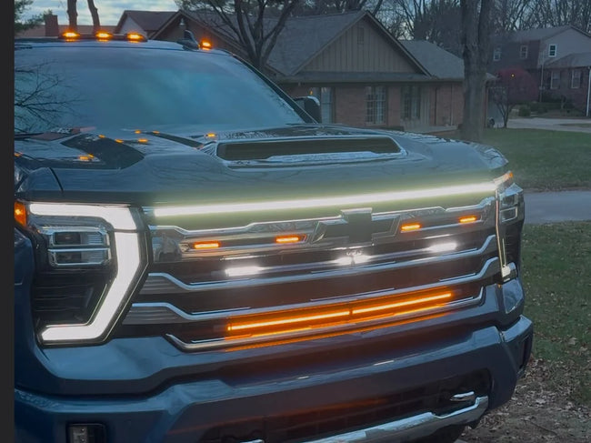 2024-2025 Chevy Silverado HD 2500/3500 LED “Power” Grille Bar – LTZ & High Country, IP68, Black/Silver Frame