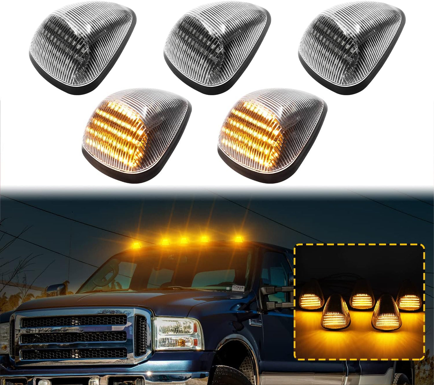 1999-2016 Ford F250/F/350/F450 Super Duty Clear Smoked White Amber LED Roof Cab Lights