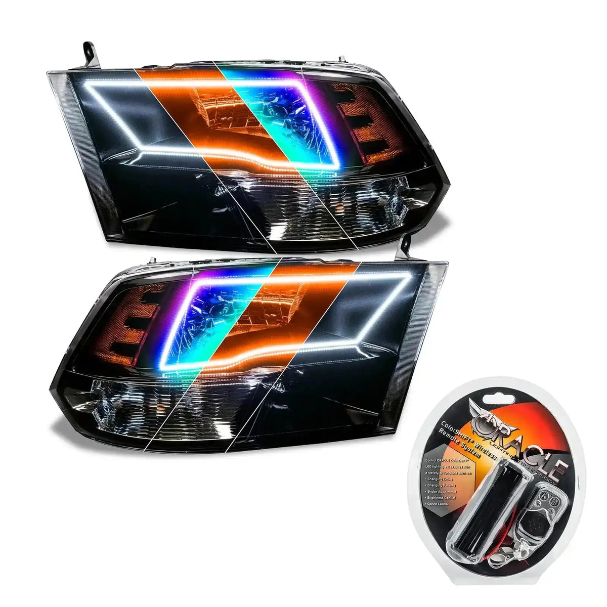 2009-2018 RAM (1500/2500/3500) ORACLE Lighting ColorSHIFT Switchback Quad Pre-Assembled Halo Headlights - Black Housing
