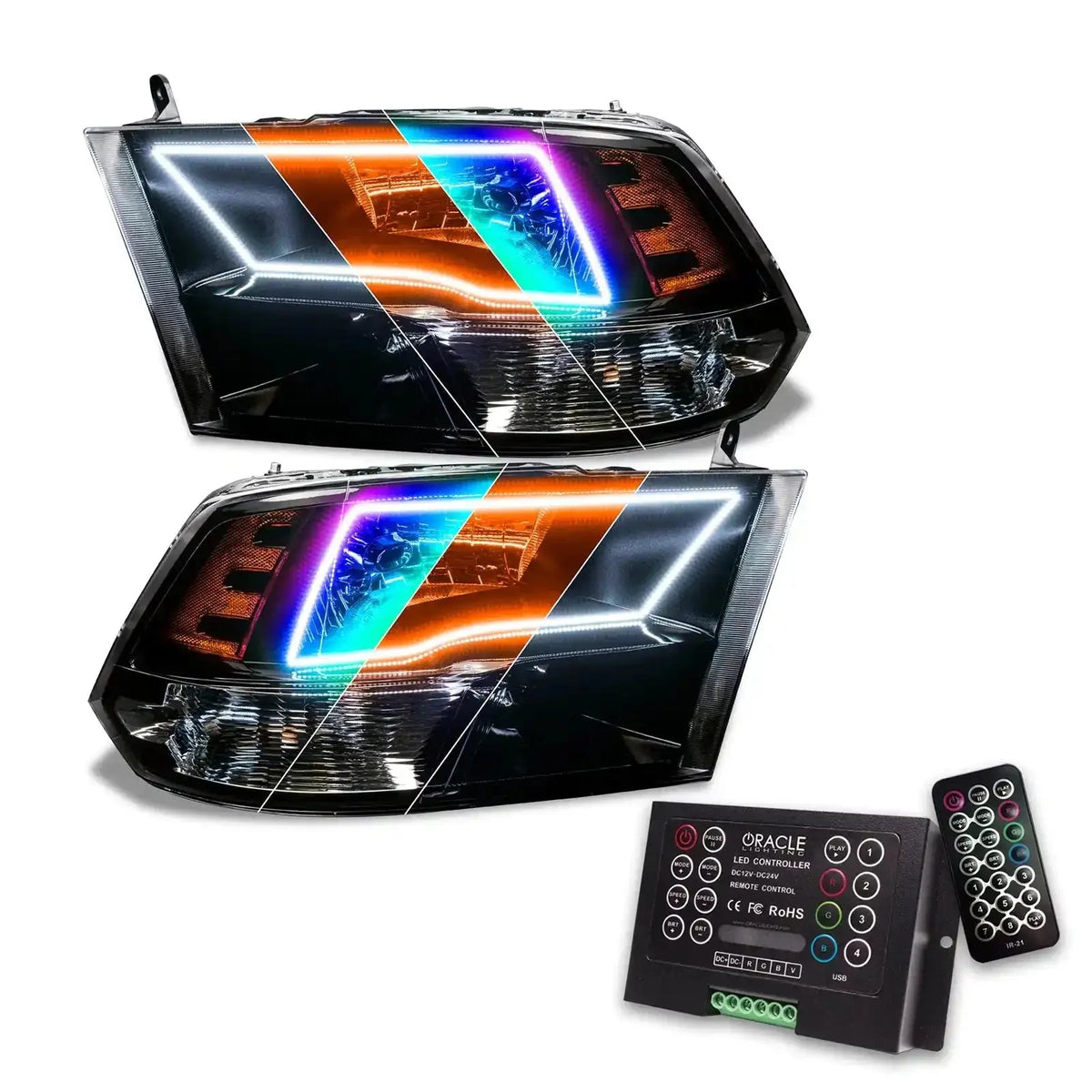 2009-2018 RAM (1500/2500/3500) ORACLE Lighting ColorSHIFT Switchback Quad Pre-Assembled Halo Headlights - Black Housing