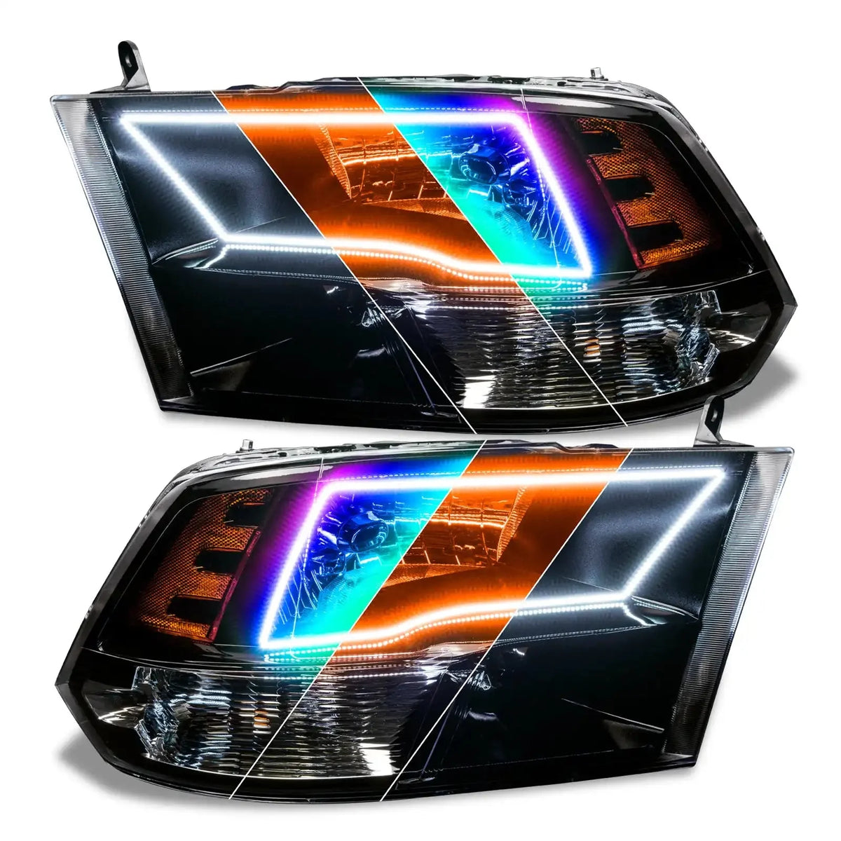 2009-2018 RAM (1500/2500/3500) ORACLE Lighting ColorSHIFT Switchback Quad Pre-Assembled Halo Headlights - Black Housing