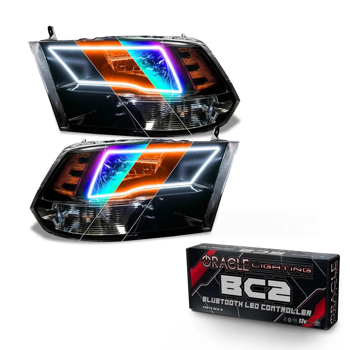 2009-2018 RAM (1500/2500/3500) ORACLE Lighting ColorSHIFT Switchback Quad Pre-Assembled Halo Headlights - Black Housing