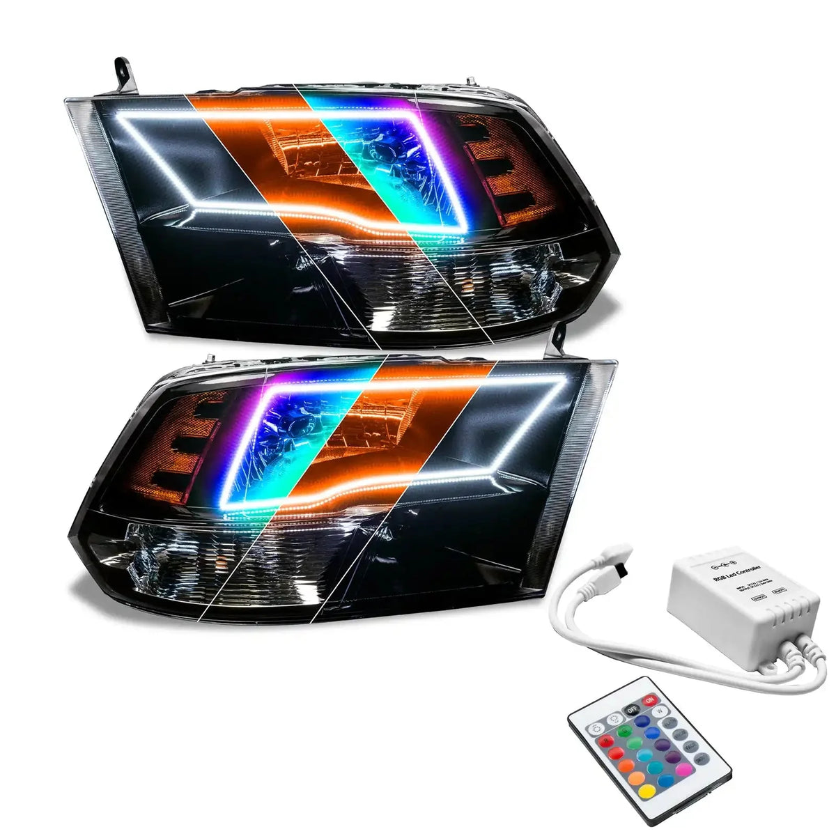 2009-2018 RAM (1500/2500/3500) ORACLE Lighting ColorSHIFT Switchback Quad Pre-Assembled Halo Headlights - Black Housing