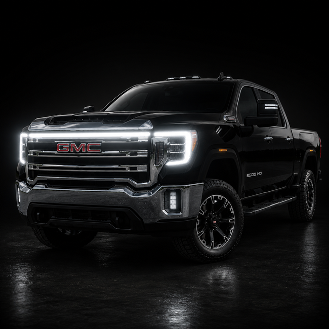 2020-2023 GMC Sierra 2500 SLE LED Grille “Power” Bar – White DRL, IP67, Bolt-On, Black or Silver