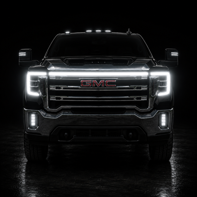 2020-2023 GMC Sierra 2500 SLE LED Grille “Power” Bar – White DRL, IP67, Bolt-On, Black or Silver