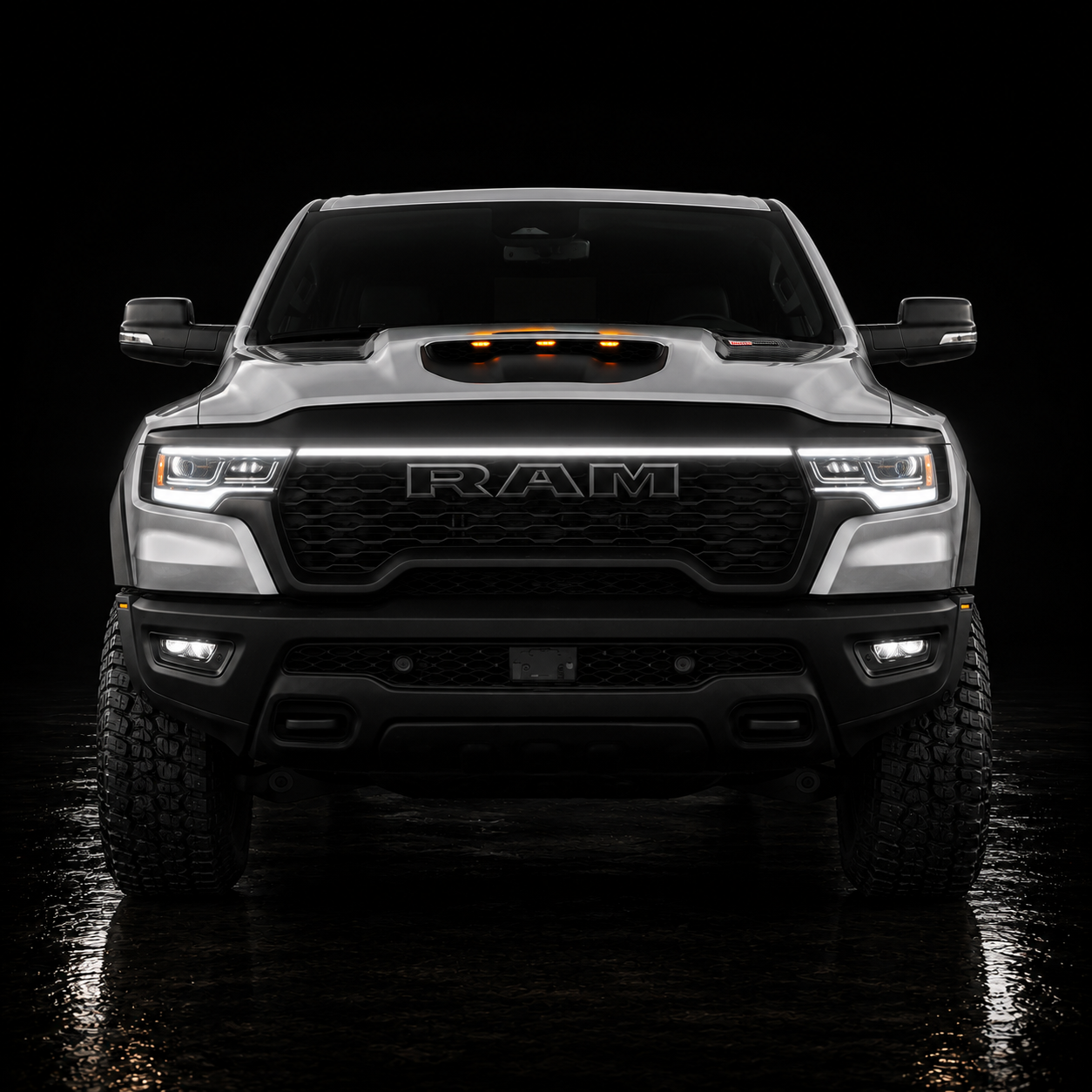2025-2026 Ram 1500 RHO LED “Power” Grille Bar – White DRL Strip, IP67, Bolt-On, Black or Silver Frame