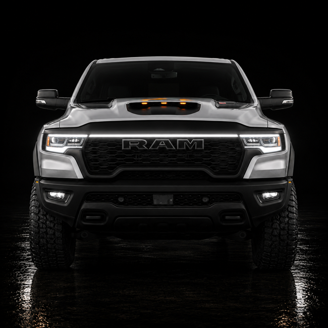 2025-2026 Ram 1500 RHO LED “Power” Grille Bar – White DRL Strip, IP67, Bolt-On, Black or Silver Frame