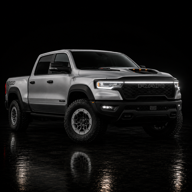 2025-2026 Ram 1500 RHO LED “Power” Grille Bar – White DRL Strip, IP67, Bolt-On, Black or Silver Frame