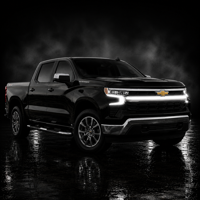 2023-2025 Chevy Silverado 1500 LED “Power” Grille Bar – LT & LTZ, IP67, Bolt-On, Black/Silver Frame