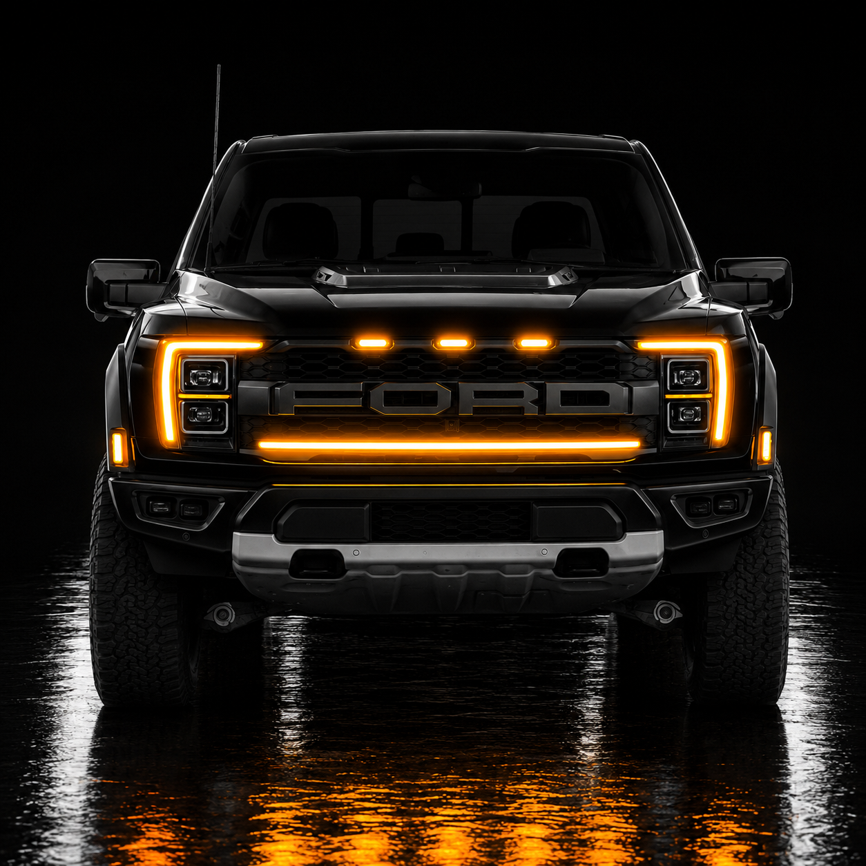 2021-2023 Ford F150 Raptor LED Grille Light Kit – Amber DRL Strip, IP67, Bolt-On, Black/Silver Bracket