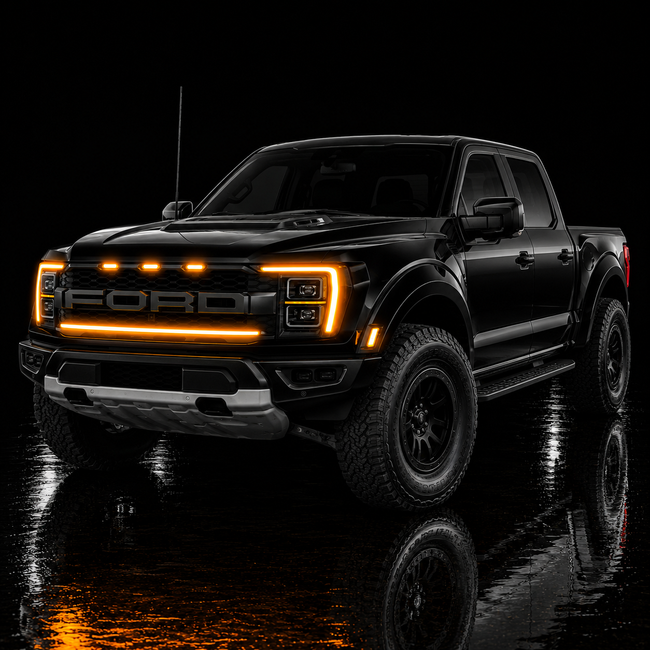 2021-2023 Ford F150 Raptor LED Grille Light Kit – Amber DRL Strip, IP67, Bolt-On, Black/Silver Bracket