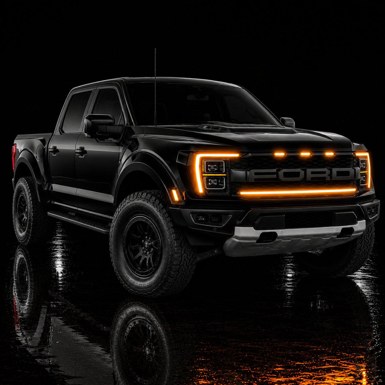 2021-2023 Ford F150 Raptor LED Grille Light Kit – Amber DRL Strip, IP67, Bolt-On, Black/Silver Bracket