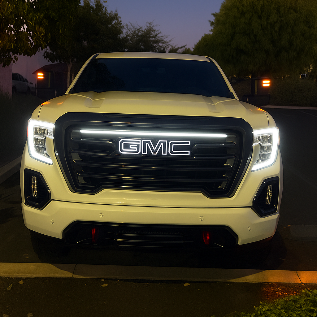 2019-2021 GMC Sierra 1500 AT4 LED “Power” Grille Light Bar – IP67, Plug-and-Play Ready, Black or Silver Frame